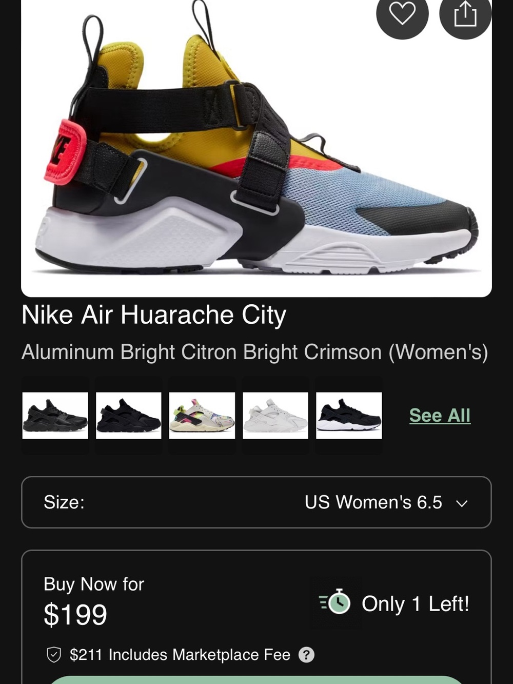 Women’s size 9 Nike Air Huarache City running shoes Yellow, Blue, Black, Red